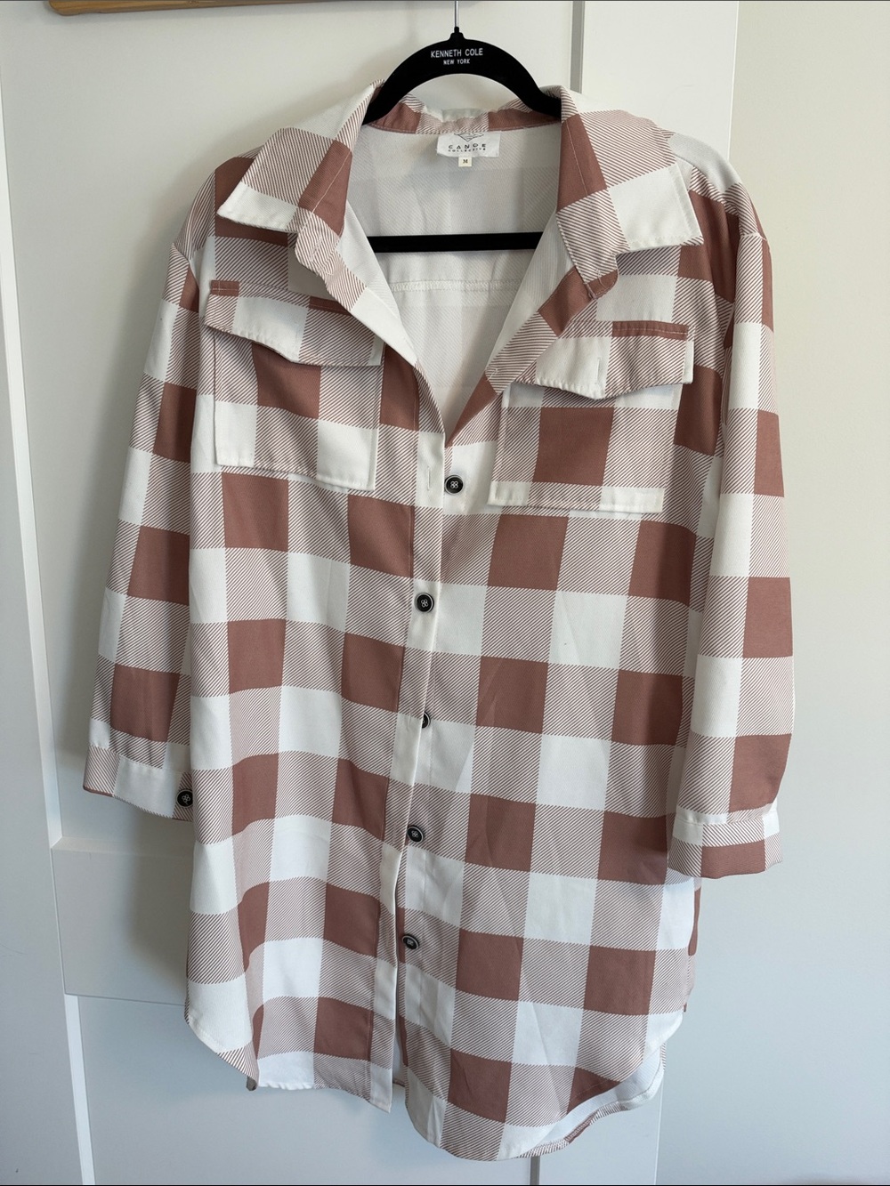 Women’s long Checked Button-Up Shirt Jacket - White & Brown